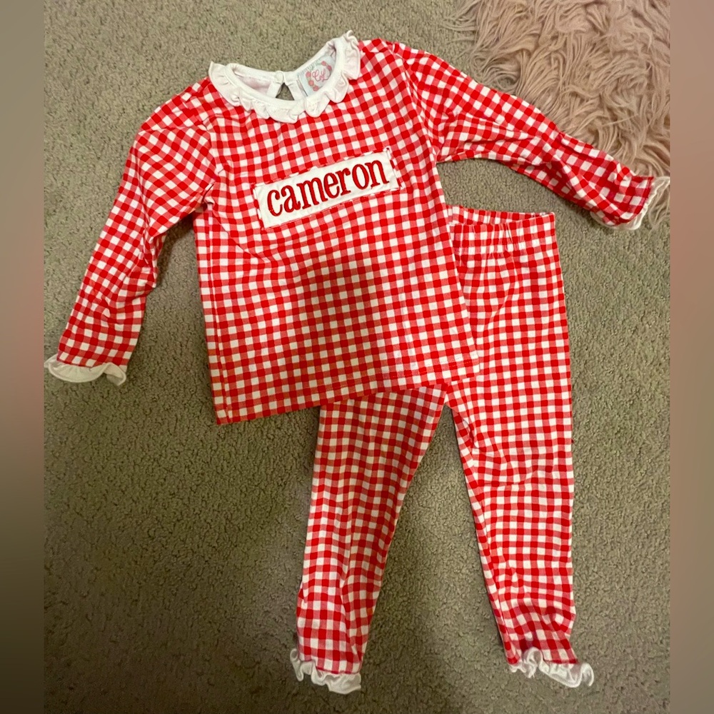 Cecil and Lou smocked set with “Cameron” monogrammed. Size 18 month